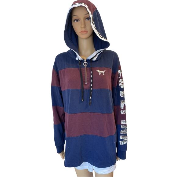 Victorias Secret Love Pink vintage y2k BLING Dog Logo ColorBlock hoodie Grunge M - Picture 1 of 11